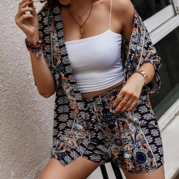 Boho Blue Paisley Open Front Kimono Top & Shorts Set - Picture 2 of 5